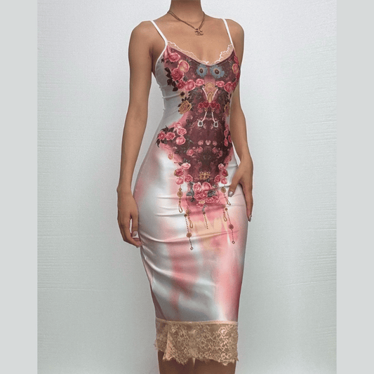 Lace hem flower print v neck cami midi dress  | Festival Outfits Women