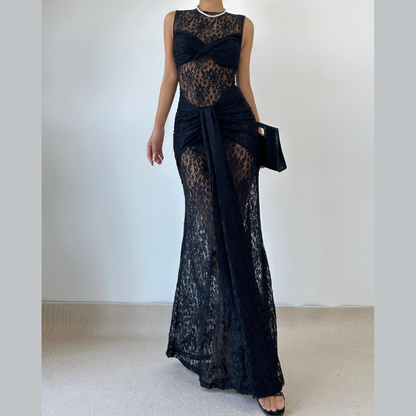 Crewneck sleeveless ruched lace maxi dress  | Festival Outfits Women