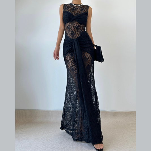 Crewneck sleeveless ruched lace maxi dress  | Festival Outfits Women