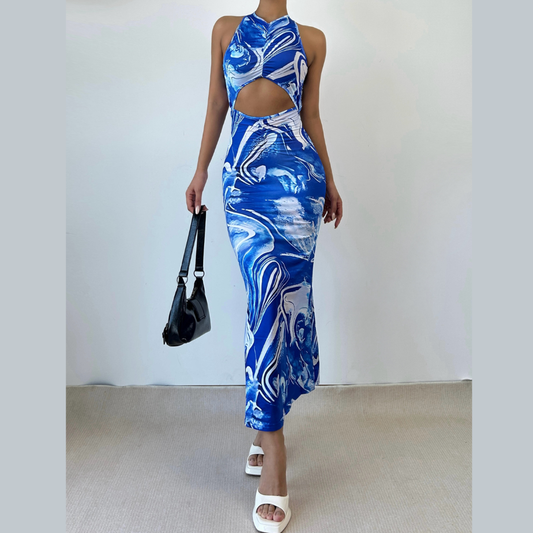 Cross back hollow out ruched print cut out maxi dress  | Festival Outfits Women