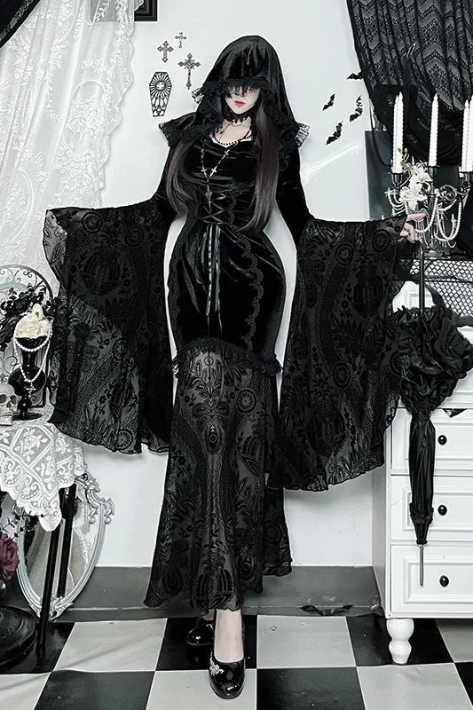Dark Goth Flocking Lace Batwing Sleeve Hooded Maxi Dress