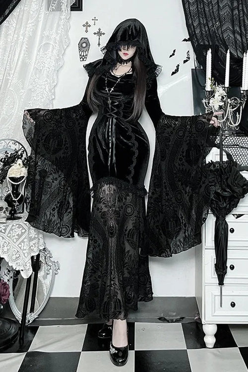 Dark Goth Flocking Lace Batwing Sleeve Hooded Maxi Dress