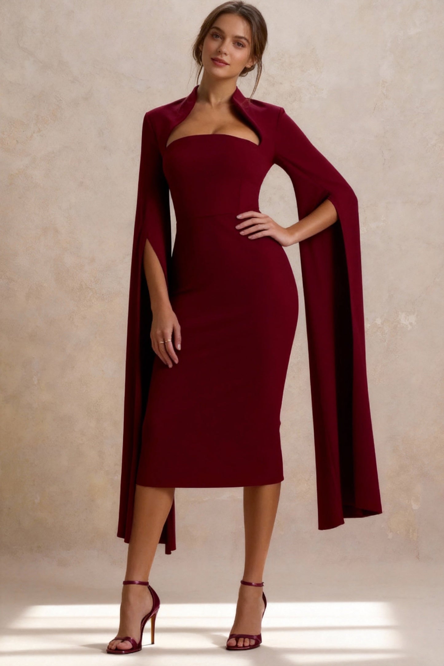 Cape Sleeve Slit Bodycon Midi Dress