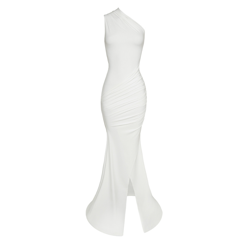One shoulder ruched slit solid irregular maxi dress  | Festival Outfits Women