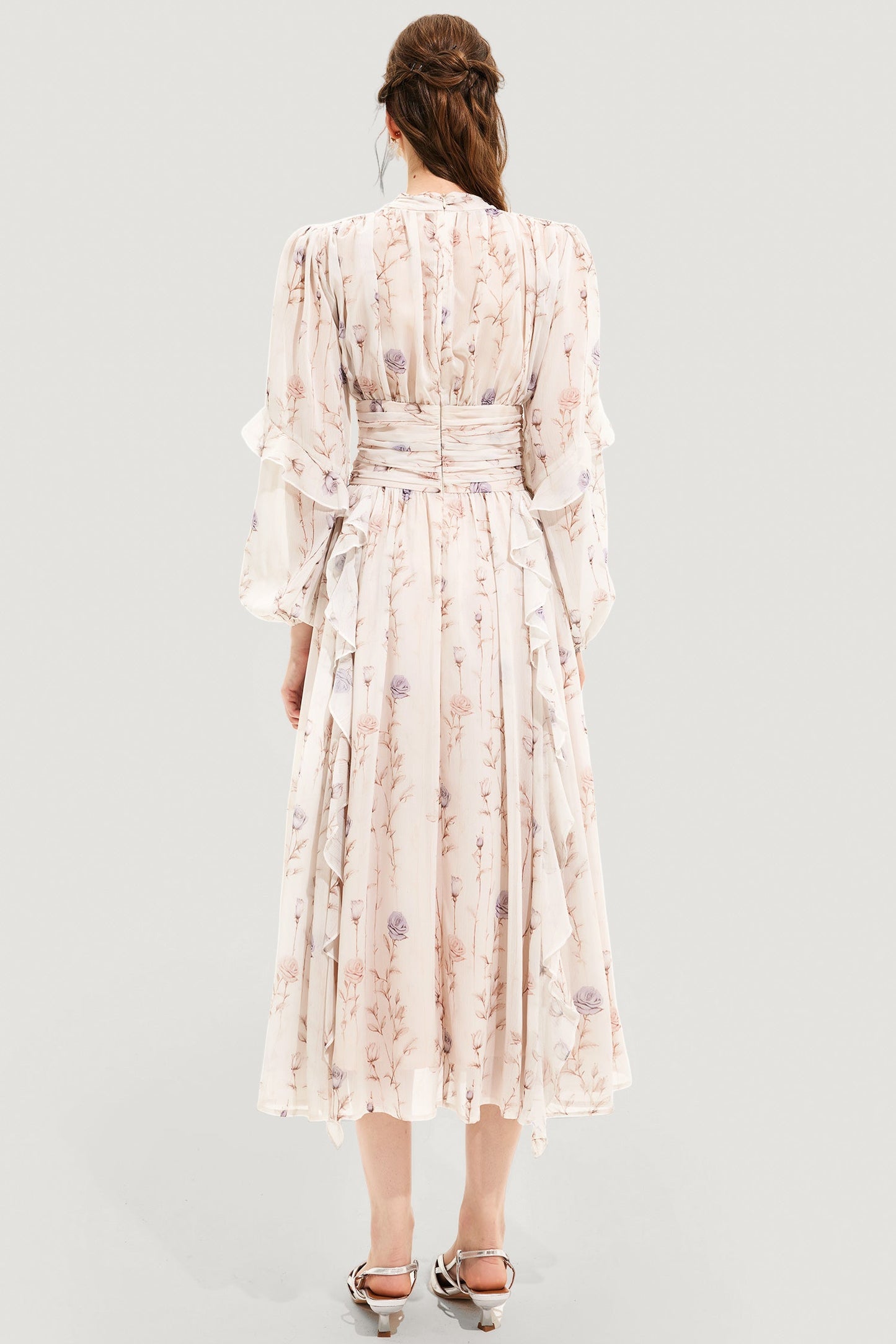Floral Round Neck Puff Sleeve Midi Dress