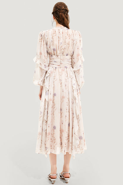 Floral Round Neck Puff Sleeve Midi Dress