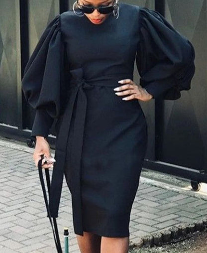 Women Casual Slim Round Neck Bubble Sleeve Tie Midi Dress
