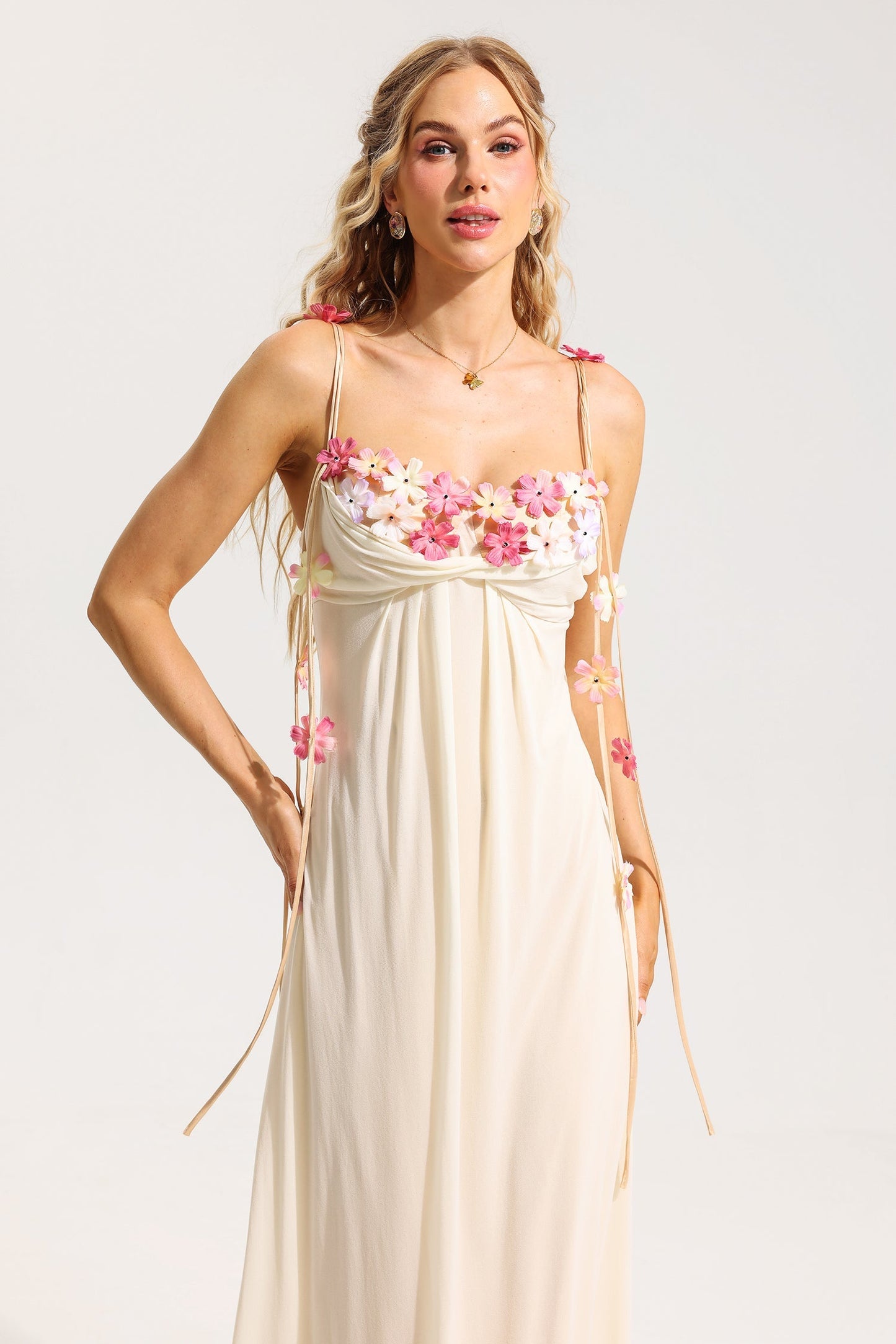 3D Floral Mesh Sleeveless Midi Dress