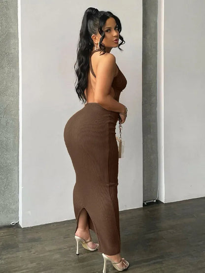 Backless Long Sleeve Brown Midi Dress