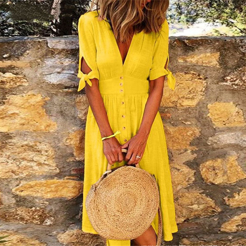 Women Casual Vacation Solid Color V-Neck Knotted Half-Sleeved Midi Dress