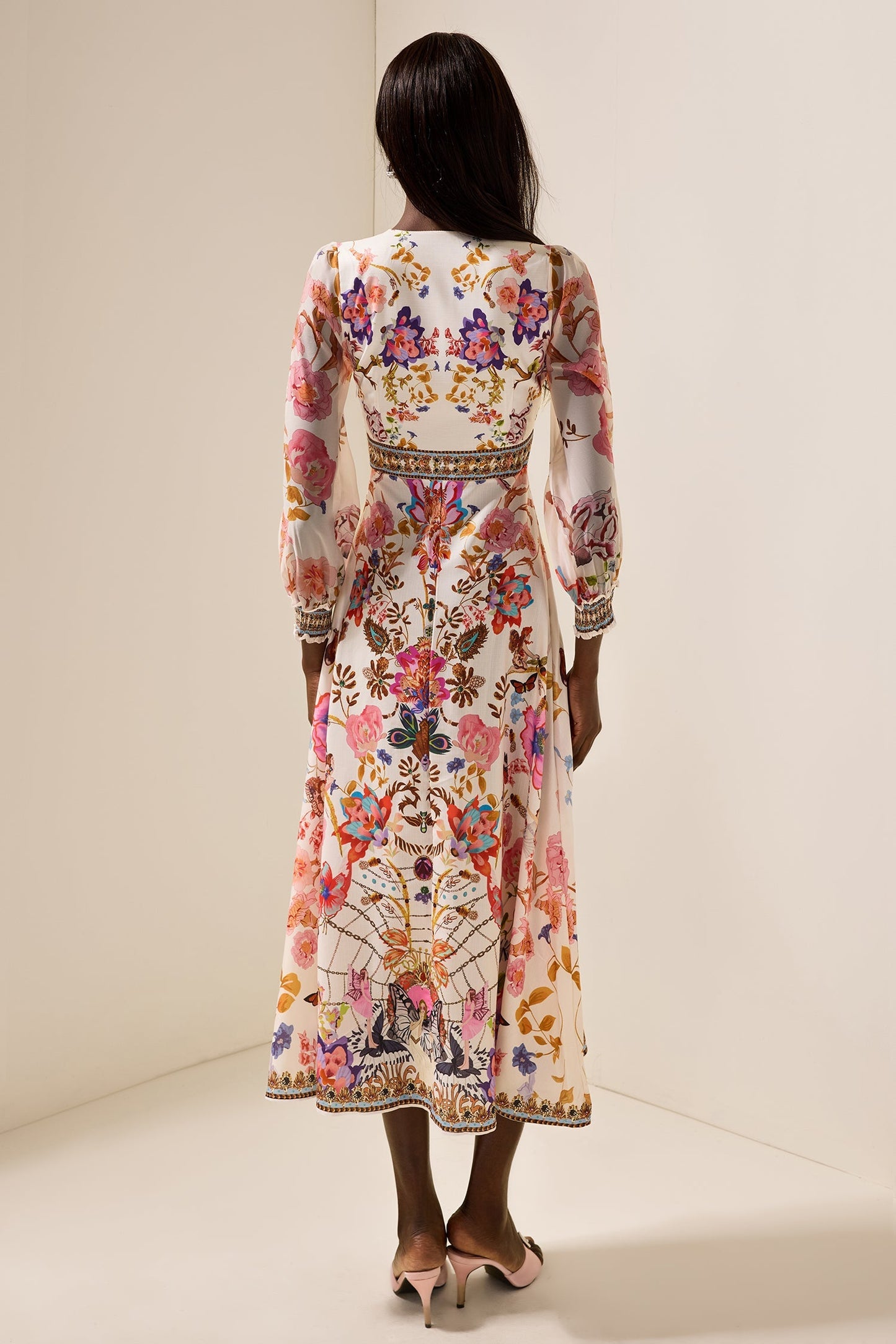 Floral Lantern Sleeve V-Neck Midi Dress