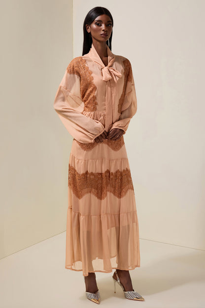Chiffon Splicing Lace Tie-Up Long Sleeve Midi Dress