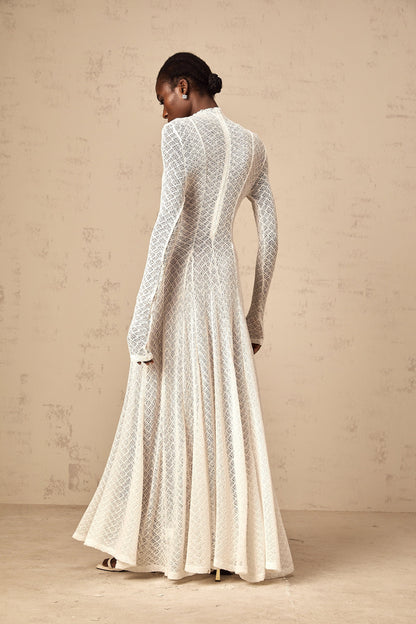 Athena wavy-pattern lace maxi dress in White