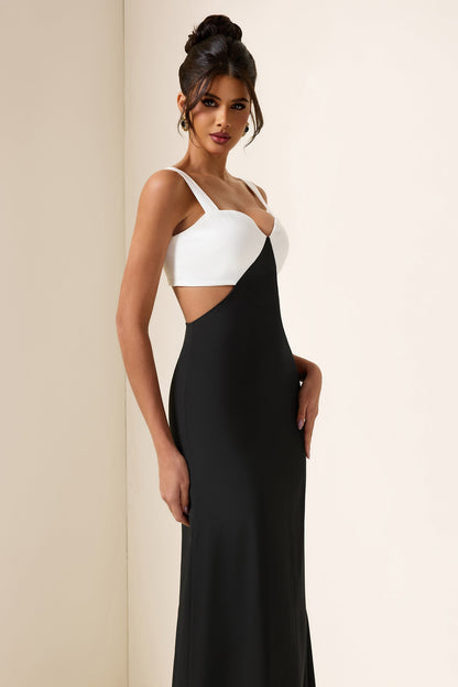 Contrast Color Square Neck Cut-Out Midi Dress