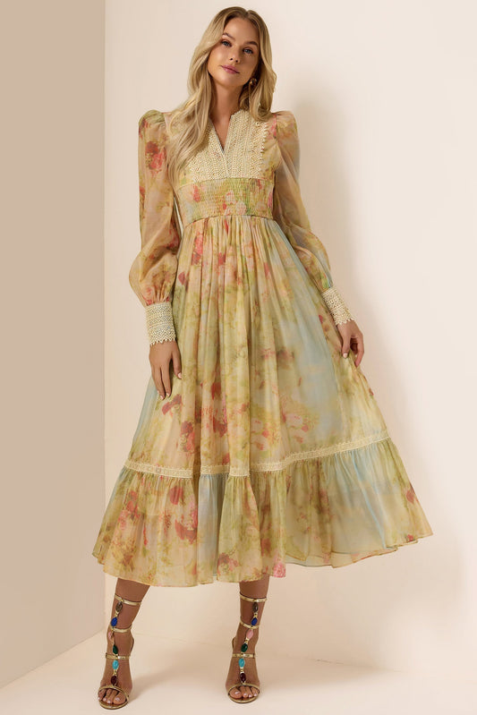 Floral Lace Smocking Ruffle Midi Dress