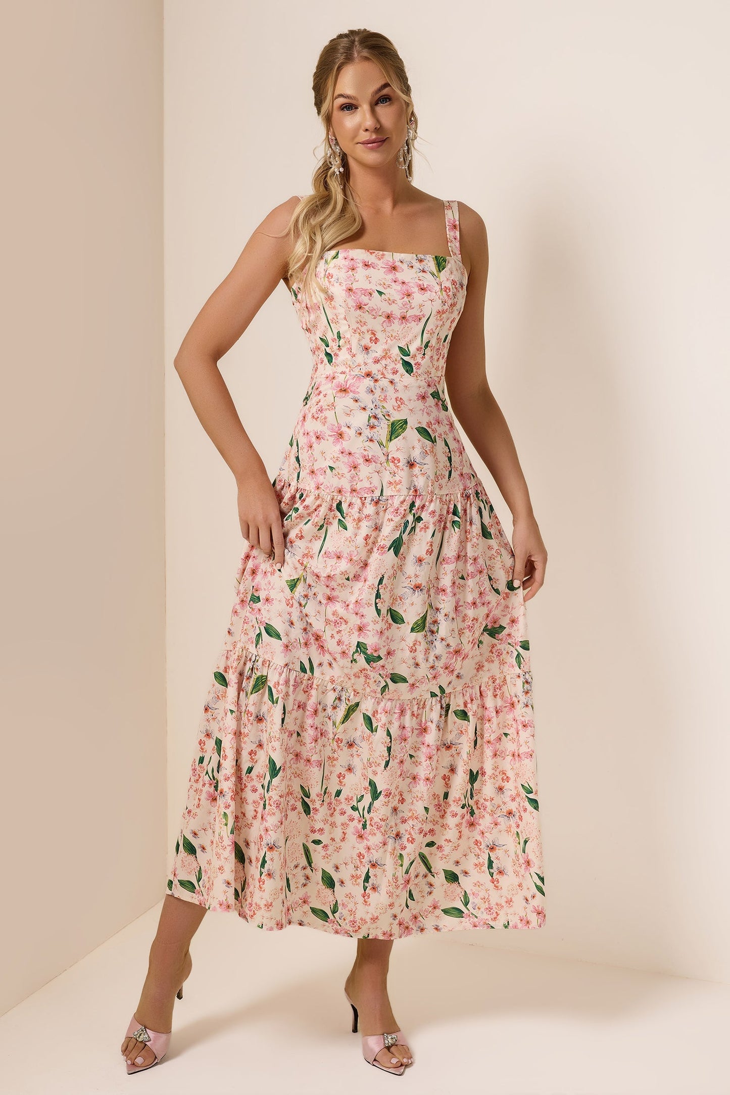 Floral  Square Collar Sleeveless Maxi Dress