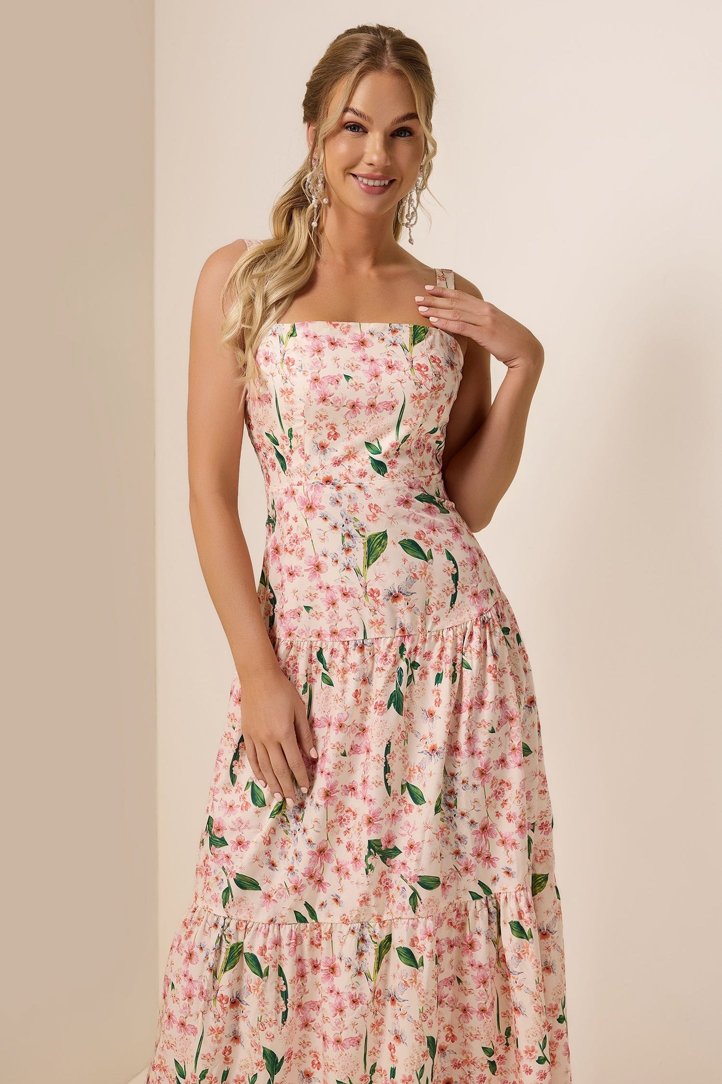 Floral  Square Collar Sleeveless Maxi Dress