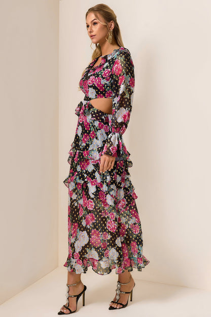Floral Gold Foil Stamping Frill Midi Dress