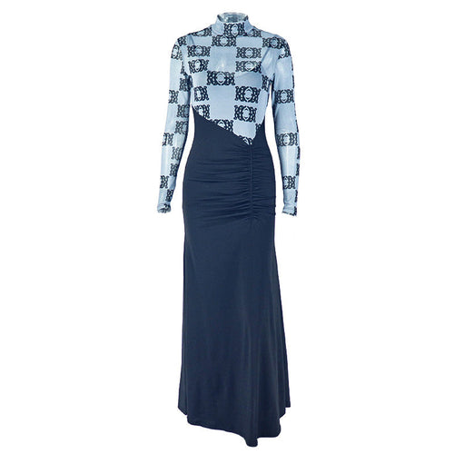 High neck long sleeve ruched print maxi dress  | Festival Outfits Women