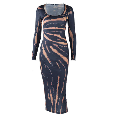 U neck long sleeve print maxi dress  | Festival Outfits Women