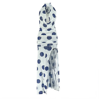 Halter high slit polka dot ruched mesh maxi dress  | Festival Outfits Women