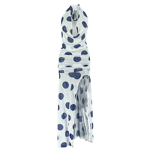 Halter high slit polka dot ruched mesh maxi dress  | Festival Outfits Women