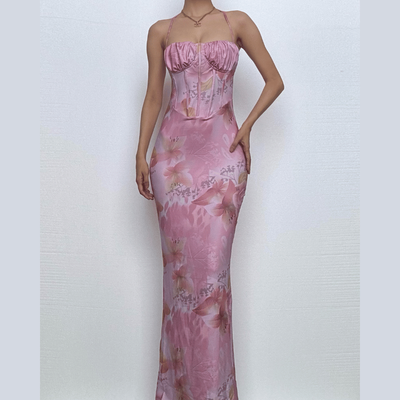 Halter print ruched bustier high slit knotted maxi dress  | Festival Outfits Women
