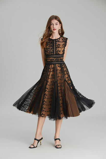 Maëlle Round Neck Mesh Embroidered Midi Dress In Beige