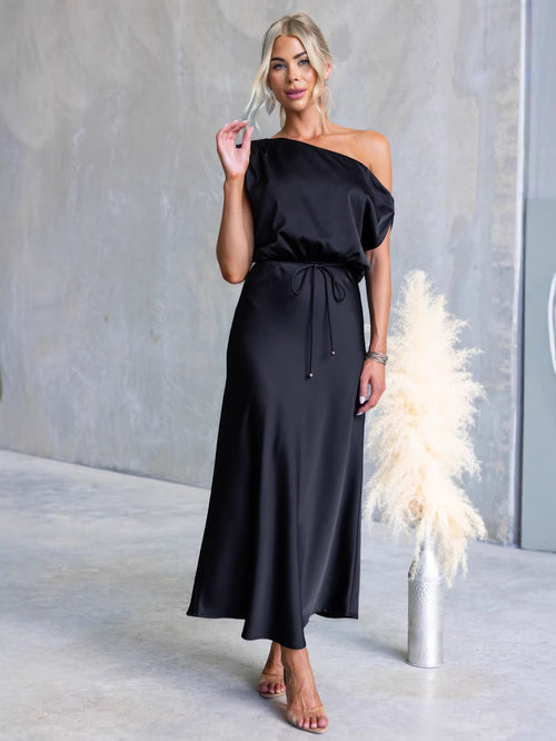 Solid Color One-shoulder Sleeveless Belted Casual Maxi Dress