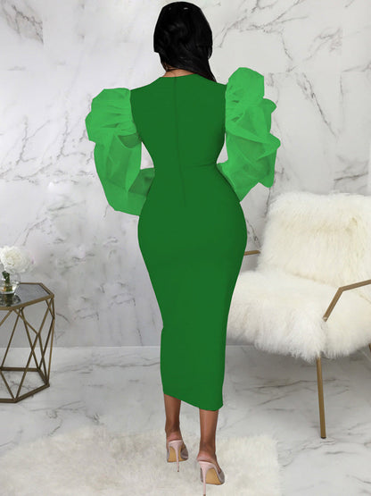 Puff Mesh Sleeve Midi Dress