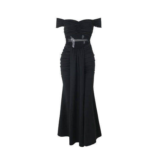 Off shoulder mesh patchwork ruched maxi dress  | Festival Outfits Women