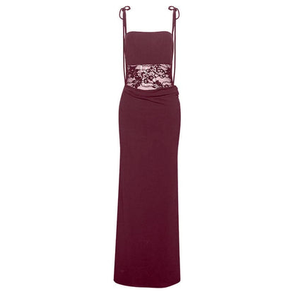 Lace square neck self tie solid cami maxi dress  | Festival Outfits Women