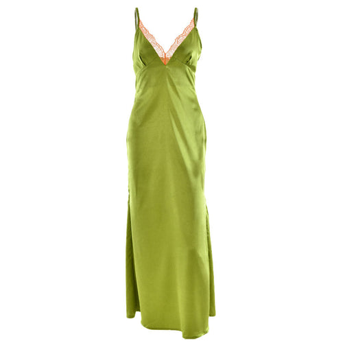 Satin lace hem v neck zip-up cami maxi dress  | Festival Outfits Women