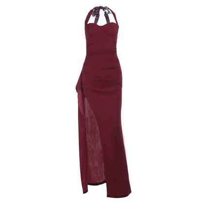 Halter high slit ruched solid maxi dress  | Festival Outfits Women
