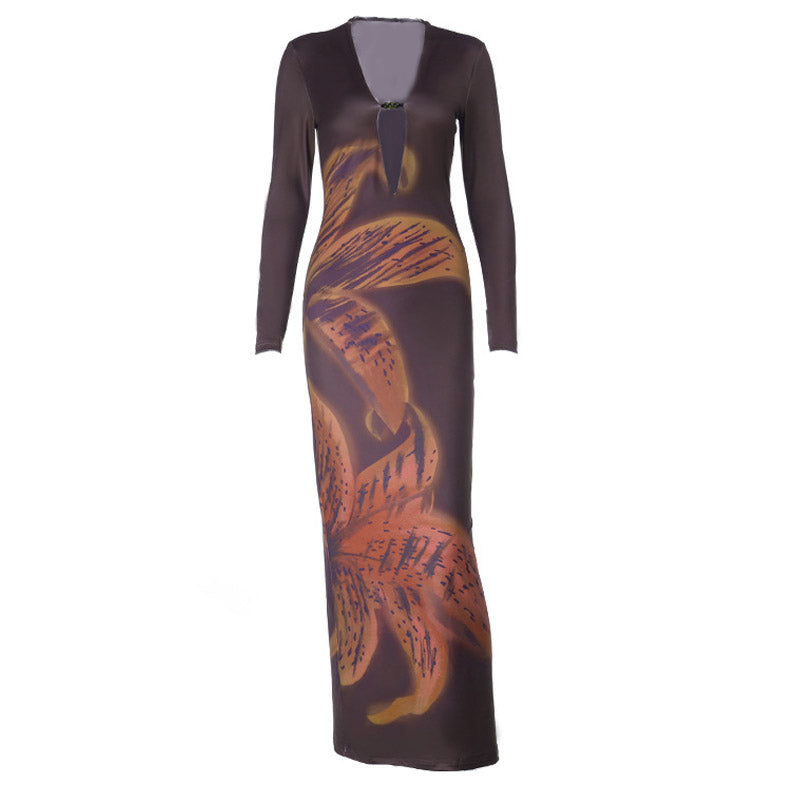 Hollow out beaded long sleeve print cut out maxi dress  | Festival Outfits Women