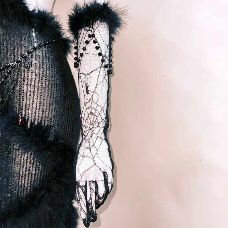 V neck fluffy spider applique hollow out cut out maxi dress  | Festival Outfits Women