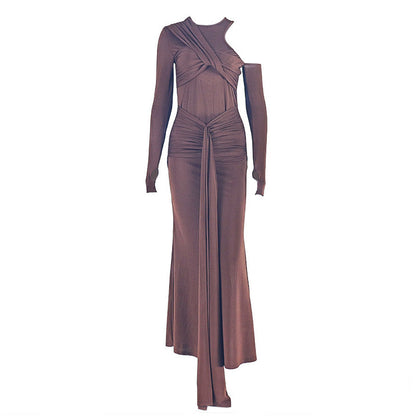 Crewneck long sleeve ruched hollow out cut out maxi dress  | Festival Outfits Women