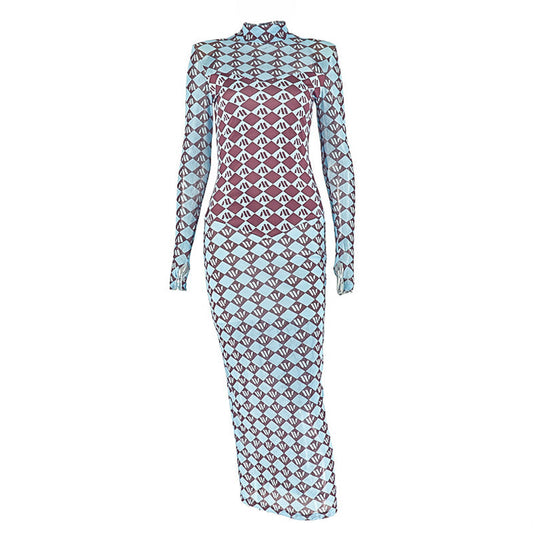 High neck long sleeve mesh print maxi dress  | Festival Outfits Women