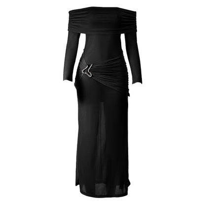 Off shoulder long sleeve ruched maxi dress  | Festival Outfits Women