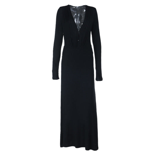 V neck long sleeve button ruched maxi dress  | Festival Outfits Women