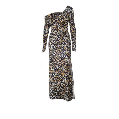 Leopard print one shoulder long sleeve slit maxi dress  | Festival Outfits Women