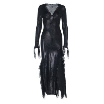 Long sleeve v neck lace hem snakeskin print maxi dress  | Festival Outfits Women