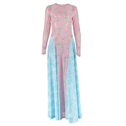 Long sleeve print crewneck mesh maxi dress  | Festival Outfits Women