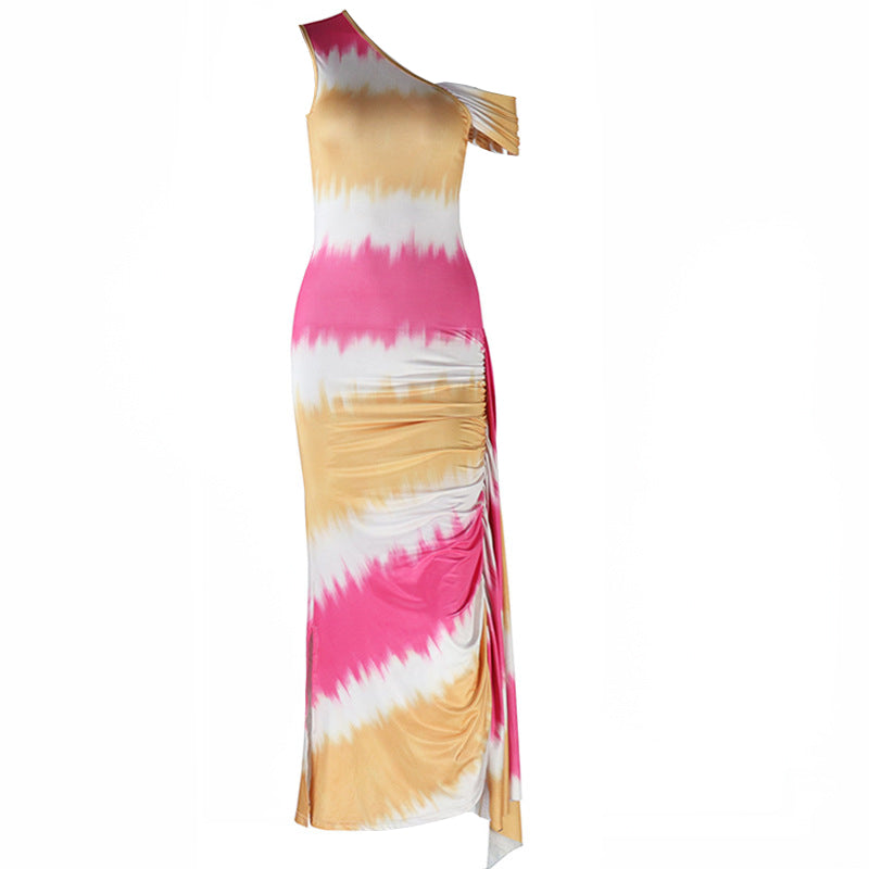 Ruched one shoulder print irregular maxi dress  | Festival Outfits Women
