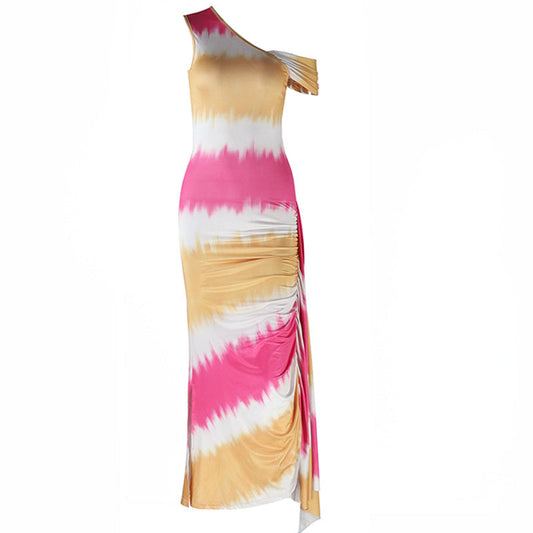 Ruched one shoulder print irregular maxi dress  | Festival Outfits Women