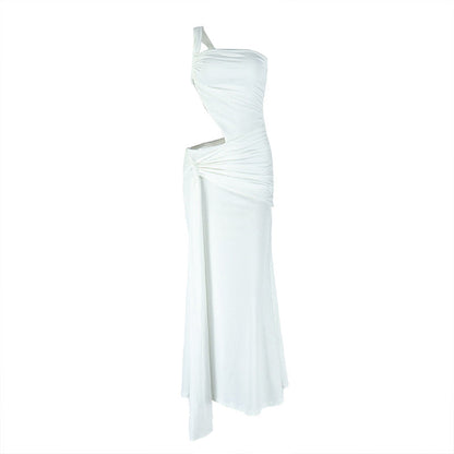 One shoulder irregular hollow out ruched cut out maxi dress  | Festival Outfits Women