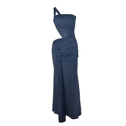 One shoulder irregular hollow out ruched cut out maxi dress  | Festival Outfits Women