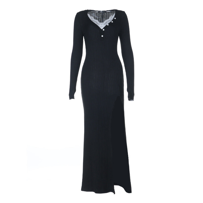Long sleeve v neck lace hem slit maxi dress  | Festival Outfits Women
