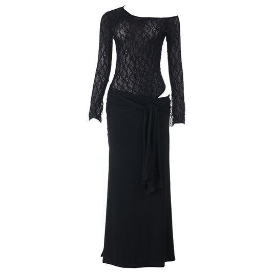 Ruched long sleeve lace hollow out cut out maxi dress  | Festival Outfits Women