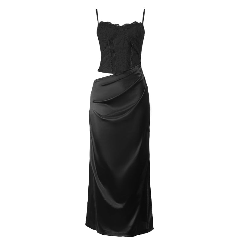 Hollow out ruched satin slit cami cut out maxi dress  | Festival Outfits Women